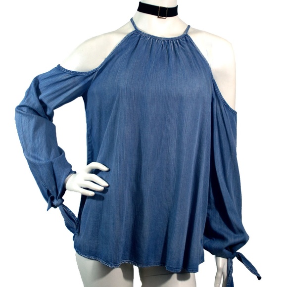 DO+BE Tops - DO+BE Blue Distress Blue Jean Open Shoulder Top